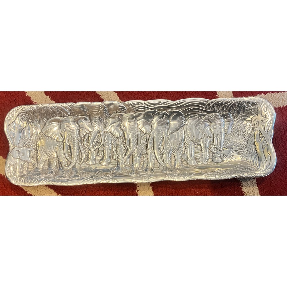 Elephant Herd Repousse Aluminum Serving Tray Jungle Safari Decor 18.5 Inch